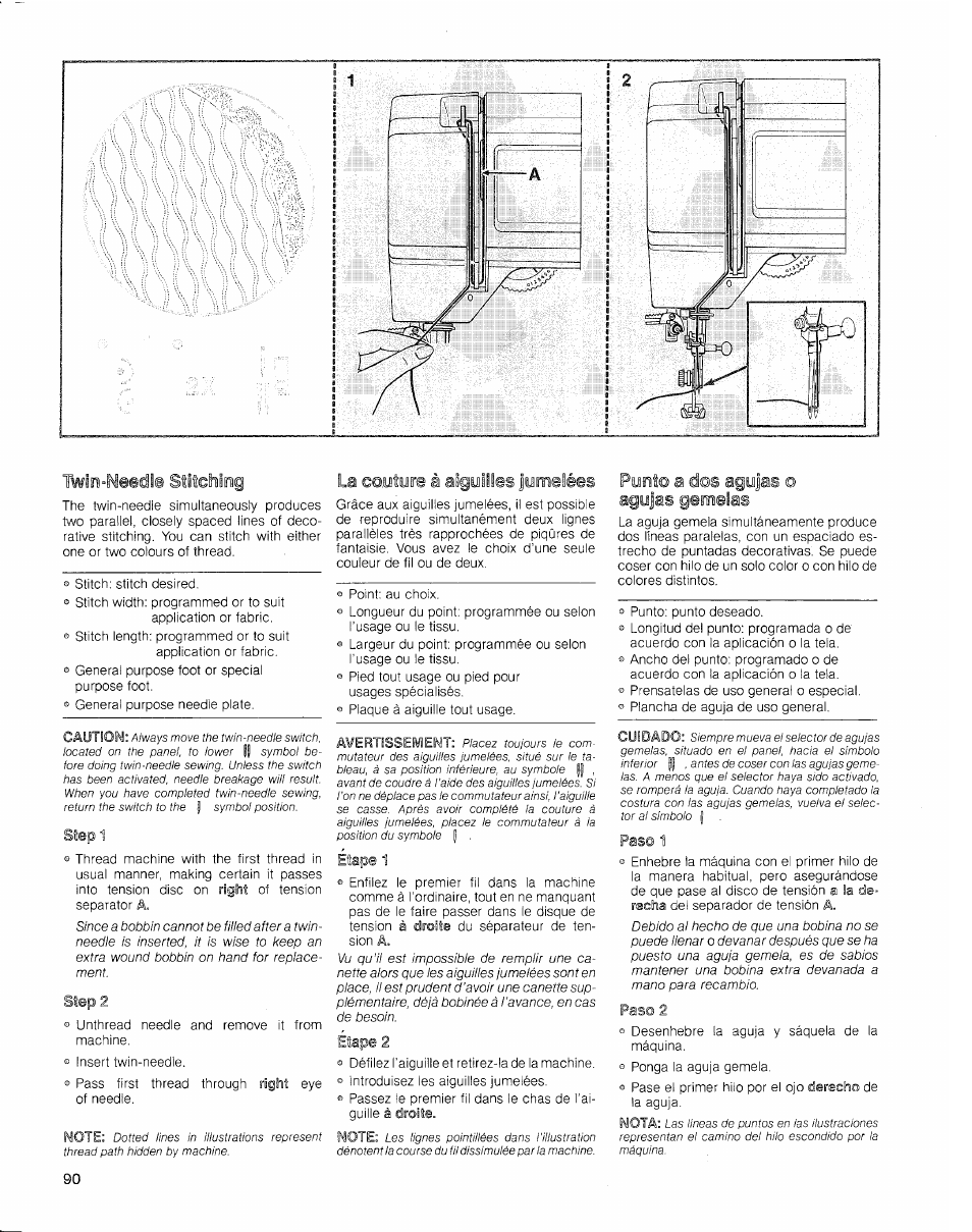 Twio“needle stitching, La co.uîure à aiguilles jumelées, Fynt© a d©s agyjas o agujas gemelas | SINGER 2010 Touch Tronic Instruction Manual User Manual | Page 91 / 113
