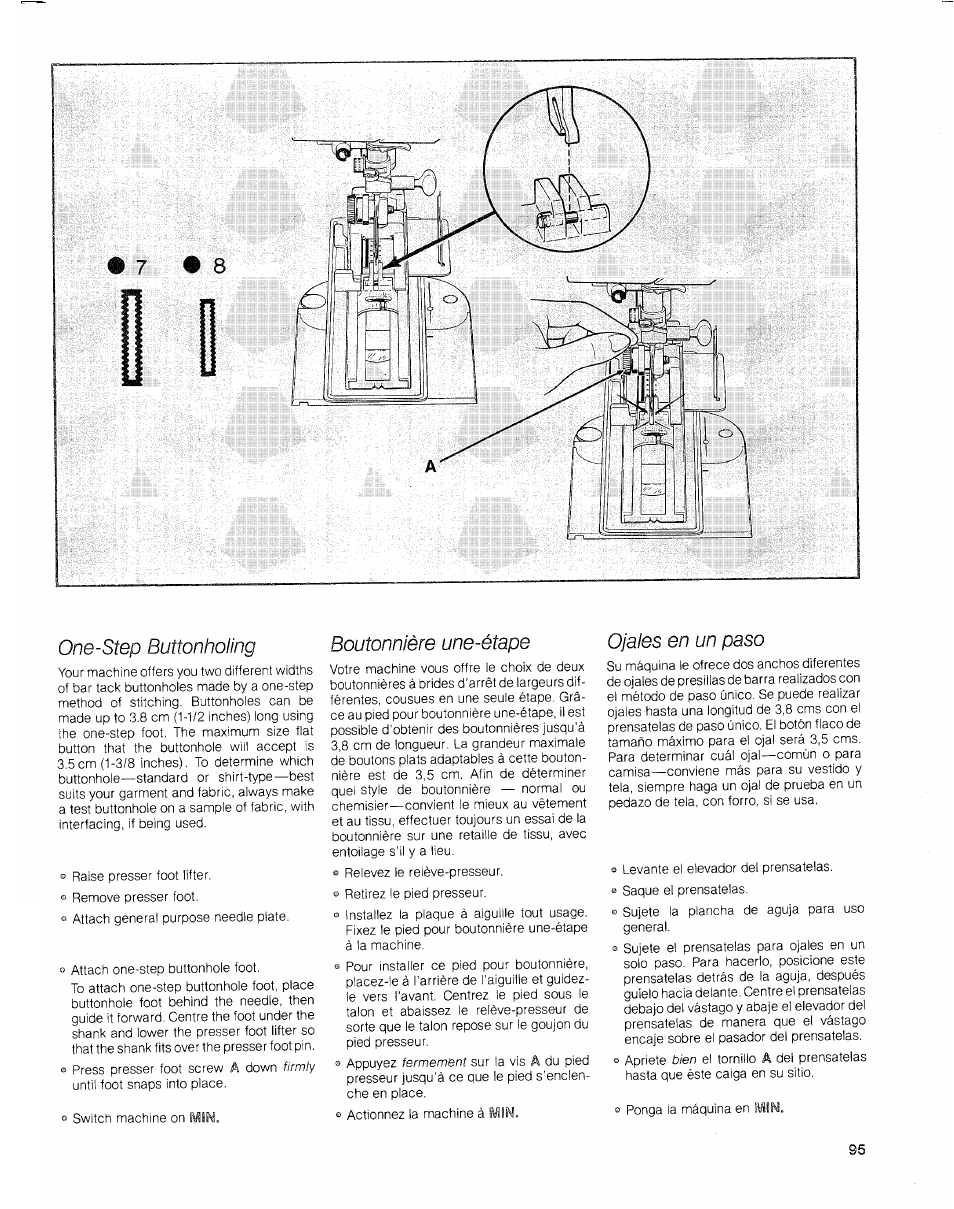 One-step buttonholing, Boutonnière une-étape, Ojales en un paso | SINGER 2010 Touch Tronic Instruction Manual User Manual | Page 96 / 113