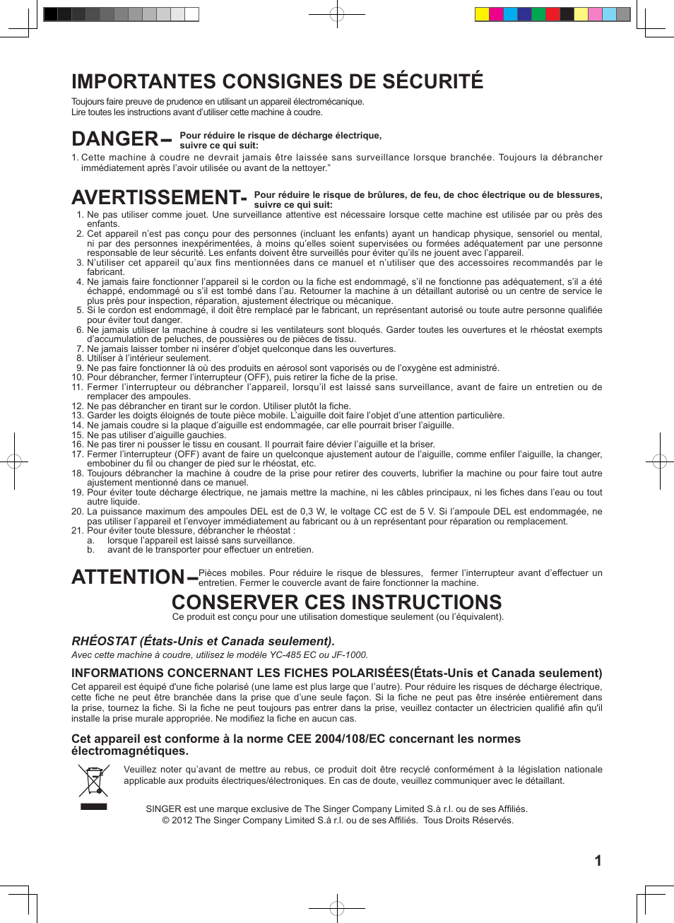 Attention, Conserver ces instructions | SINGER 1 ONE Instruction Manual User Manual | Page 3 / 60