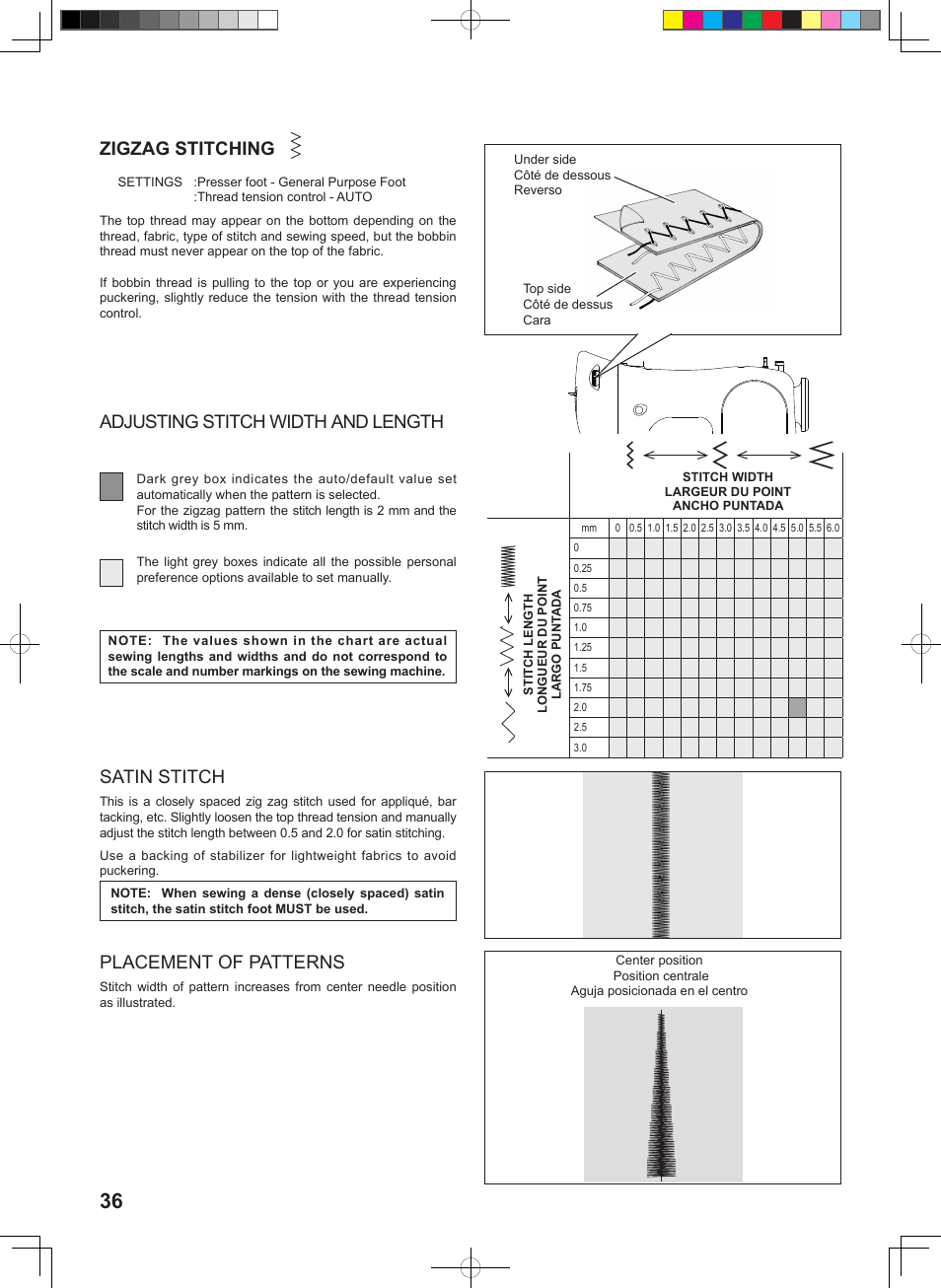 Zigzag stitching, Adjusting stitch width and length, Placement of patterns | Satin stitch | SINGER 1 ONE Instruction Manual User Manual | Page 38 / 60