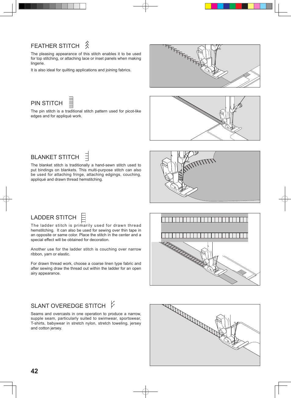 Feather stitch, Pin stitch, Ladder stitch | Blanket stitch, Slant overedge stitch | SINGER 1 ONE Instruction Manual User Manual | Page 44 / 60