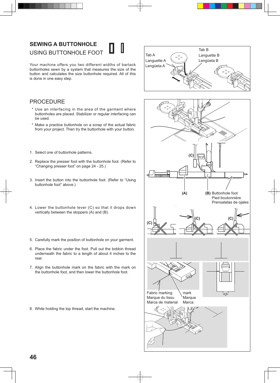 Sewing a buttonhole using buttonhole foot, Procedure | SINGER 1 ONE Instruction Manual User Manual | Page 48 / 60