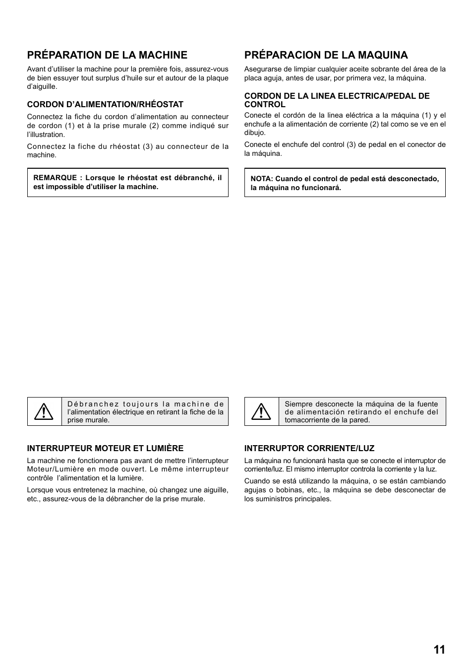 Préparacion de la maquina, Préparation de la machine | SINGER 1 ONE Plus Instruction Manual User Manual | Page 13 / 72