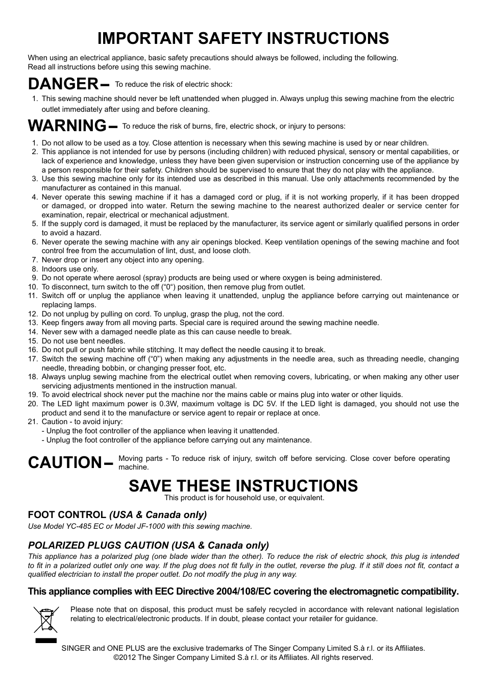 Important safety instructions warning, Save these instructions, Danger | Caution | SINGER 1 ONE Plus Instruction Manual User Manual | Page 2 / 72