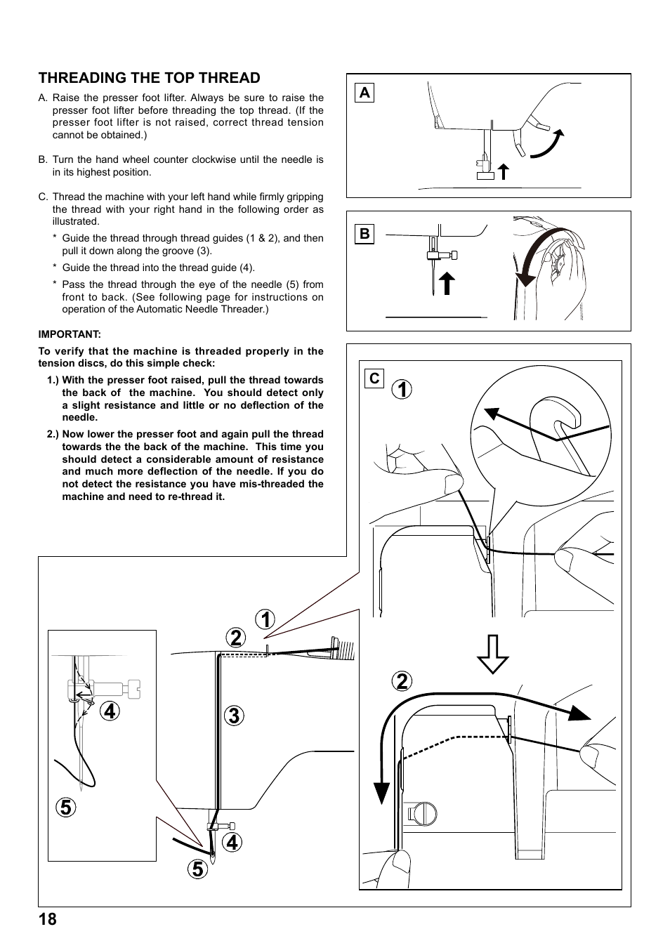 Threading the top thread, Ab c | SINGER 1 ONE Plus Instruction Manual User Manual | Page 20 / 72