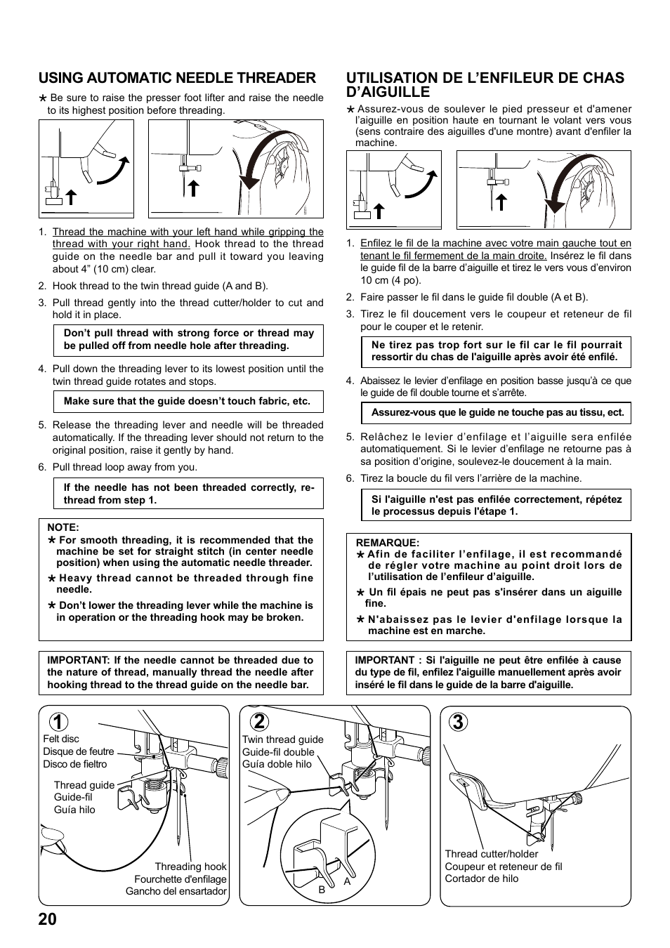 Using automatic needle threader, Utilisation de l’enfileur de chas d’aiguille | SINGER 1 ONE Plus Instruction Manual User Manual | Page 22 / 72