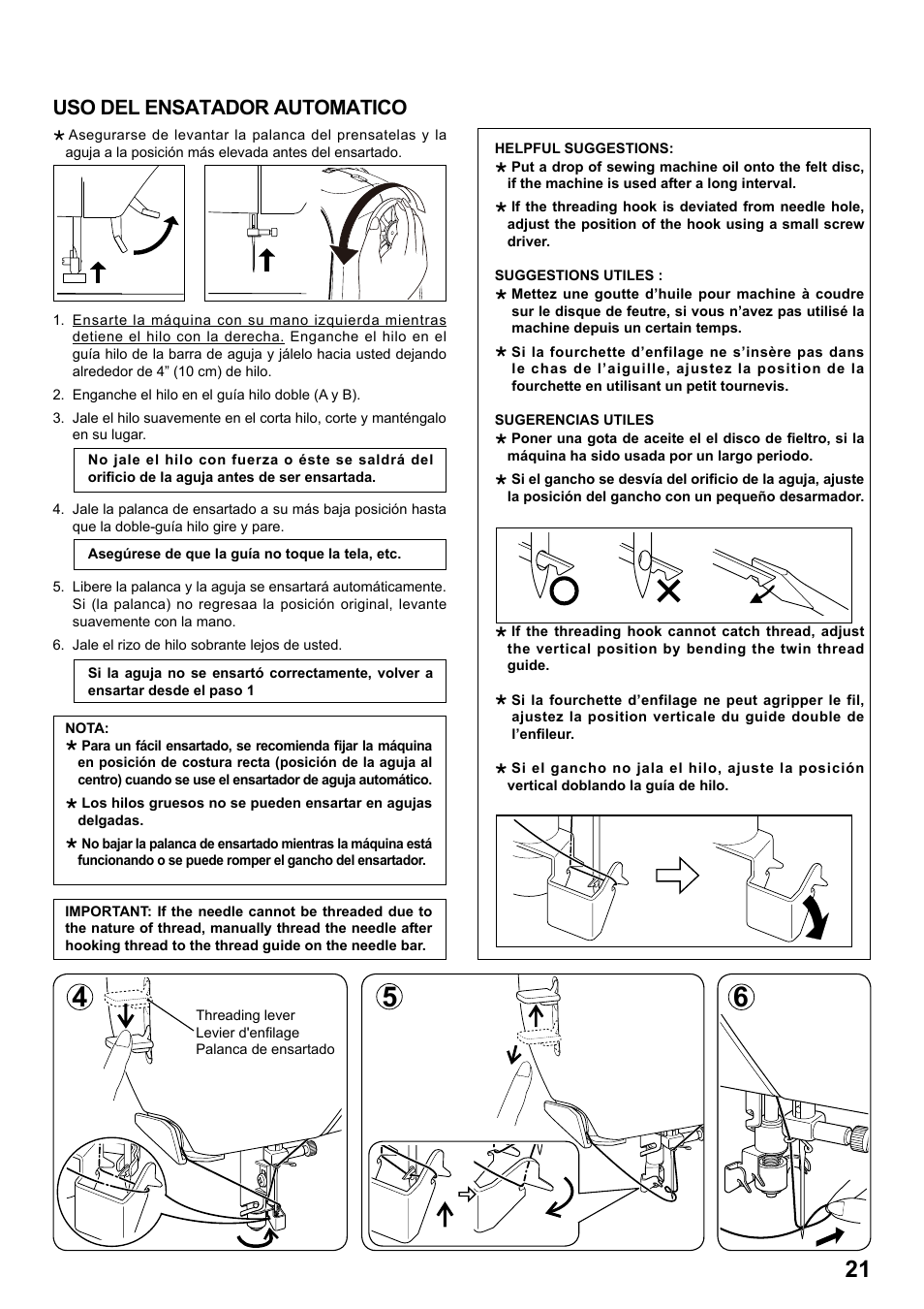 Uso del ensatador automatico | SINGER 1 ONE Plus Instruction Manual User Manual | Page 23 / 72