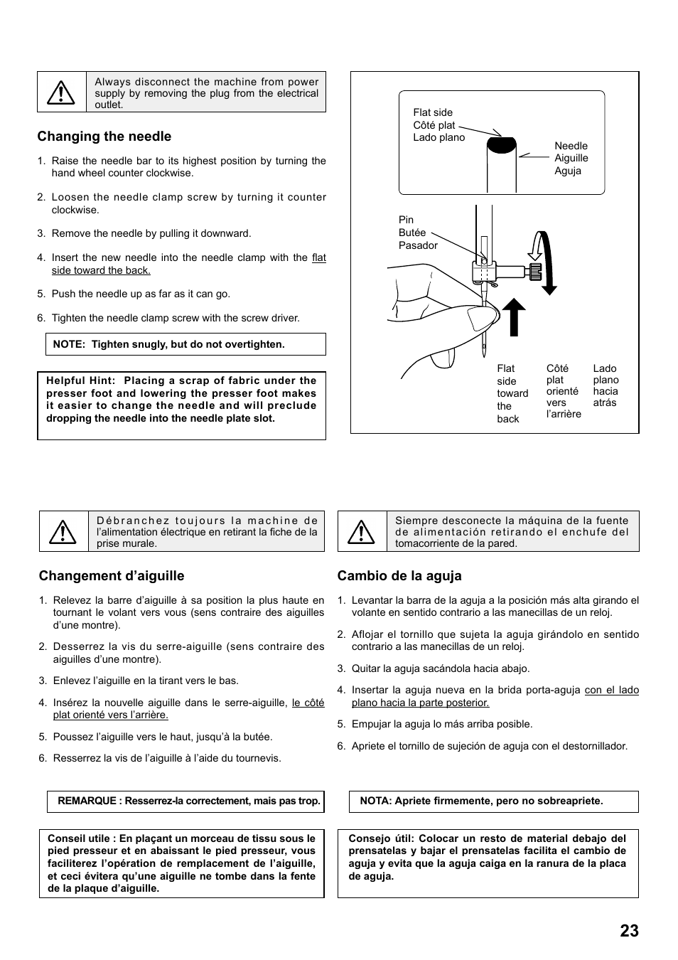 Cambio de la aguja, Changement d’aiguille, Changing the needle | SINGER 1 ONE Plus Instruction Manual User Manual | Page 25 / 72