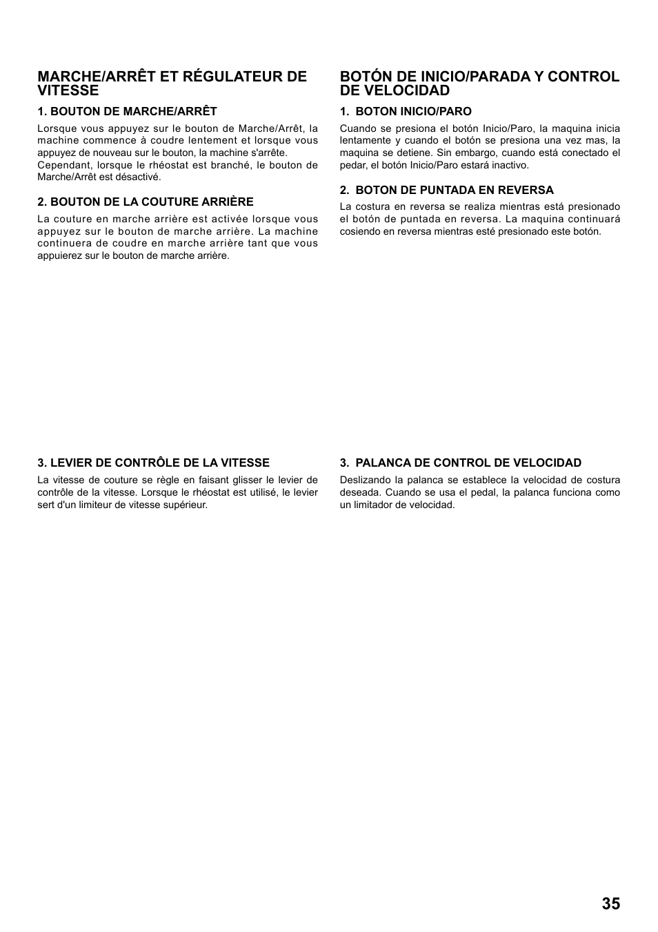 Marche/arrêt et régulateur de vitesse, Botón de inicio/parada y control de velocidad | SINGER 1 ONE Plus Instruction Manual User Manual | Page 37 / 72