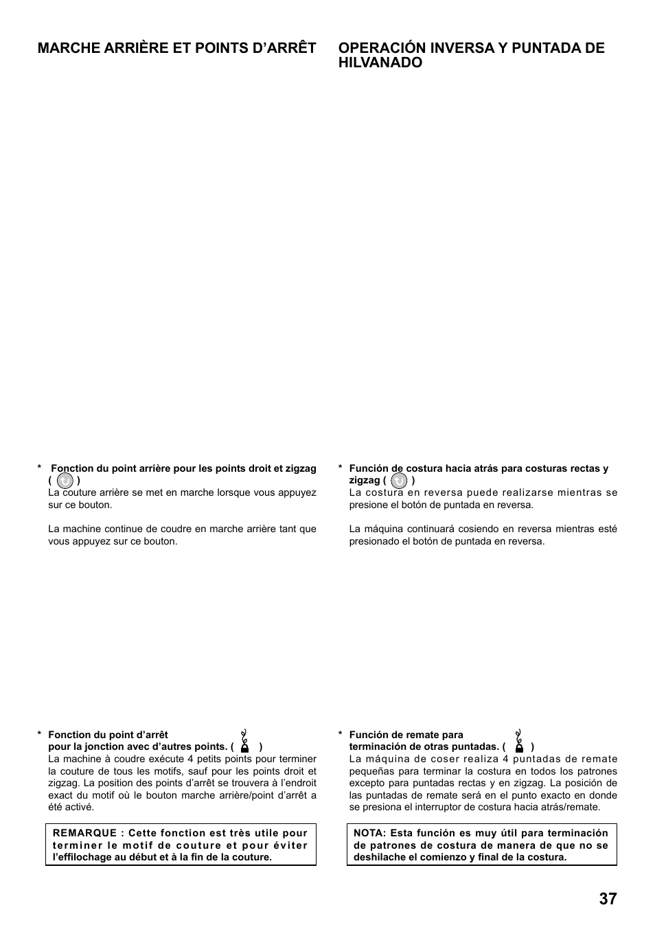 Marche arrière et points d’arrêt, Operación inversa y puntada de hilvanado | SINGER 1 ONE Plus Instruction Manual User Manual | Page 39 / 72
