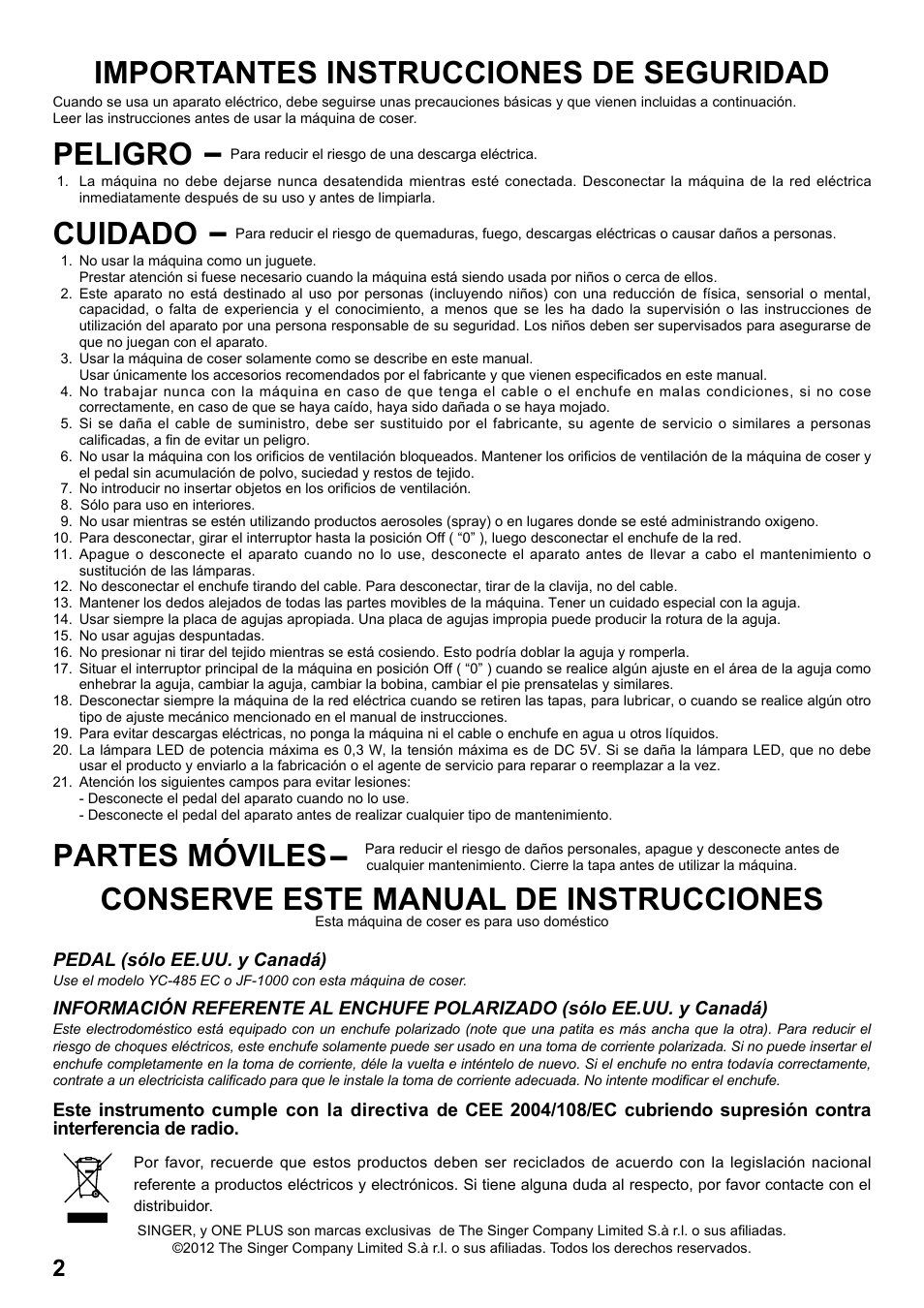 Importantes instrucciones de seguridad, Peligro, Cuidado | Partes móviles, Conserve este manual de instrucciones | SINGER 1 ONE Plus Instruction Manual User Manual | Page 4 / 72