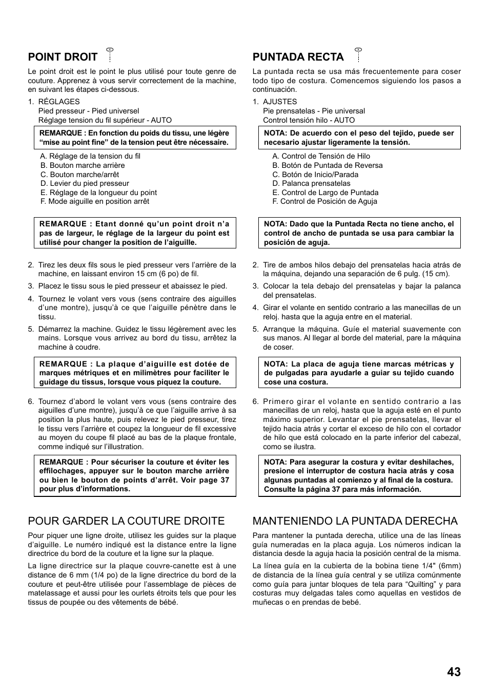 Point droit, Puntada recta, Pour garder la couture droite | Manteniendo la puntada derecha | SINGER 1 ONE Plus Instruction Manual User Manual | Page 45 / 72