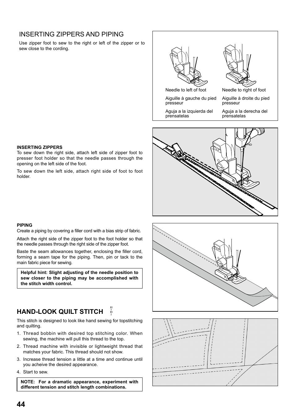 Inserting zippers and piping, Hand-look quilt stitch | SINGER 1 ONE Plus Instruction Manual User Manual | Page 46 / 72