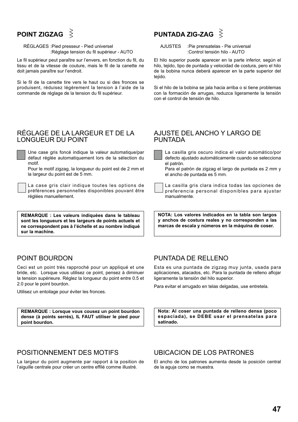 Puntada de relleno, Ubicacion de los patrones, Point bourdon | Positionnement des motifs, Point zigzag, Puntada zig-zag | SINGER 1 ONE Plus Instruction Manual User Manual | Page 49 / 72