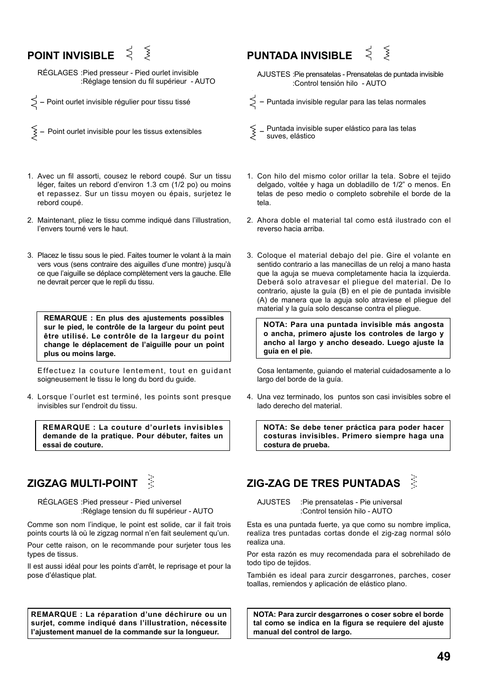 Point invisible, Puntada invisible, Zigzag multi-point | Zig-zag de tres puntadas | SINGER 1 ONE Plus Instruction Manual User Manual | Page 51 / 72