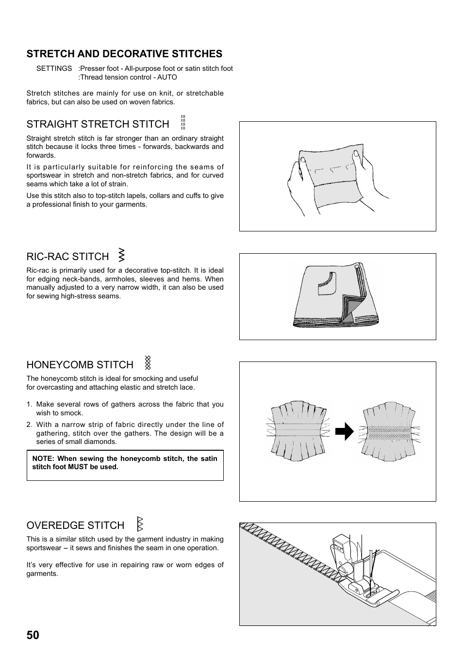 Stretch and decorative stitches, Straight stretch stitch, Ric-rac stitch | Honeycomb stitch, Overedge stitch | SINGER 1 ONE Plus Instruction Manual User Manual | Page 52 / 72