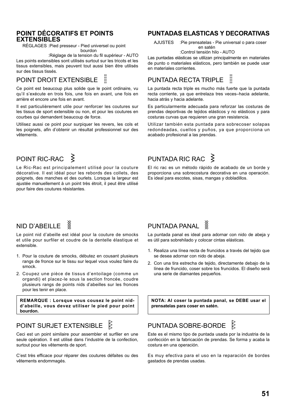 Point décoratifs et points extensibles, Point droit extensible, Puntadas elasticas y decorativas | Puntada recta triple, Point ric-rac, Puntada ric rac, Nid d’abeille, Puntada panal, Point surjet extensible, Puntada sobre-borde | SINGER 1 ONE Plus Instruction Manual User Manual | Page 53 / 72