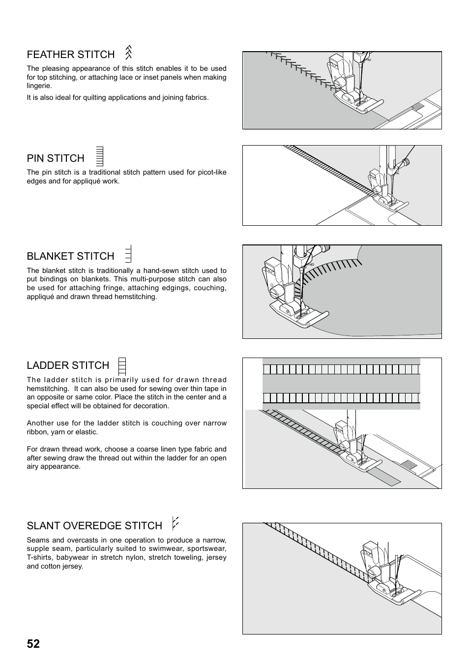 Feather stitch, Pin stitch, Ladder stitch | Blanket stitch, Slant overedge stitch | SINGER 1 ONE Plus Instruction Manual User Manual | Page 54 / 72