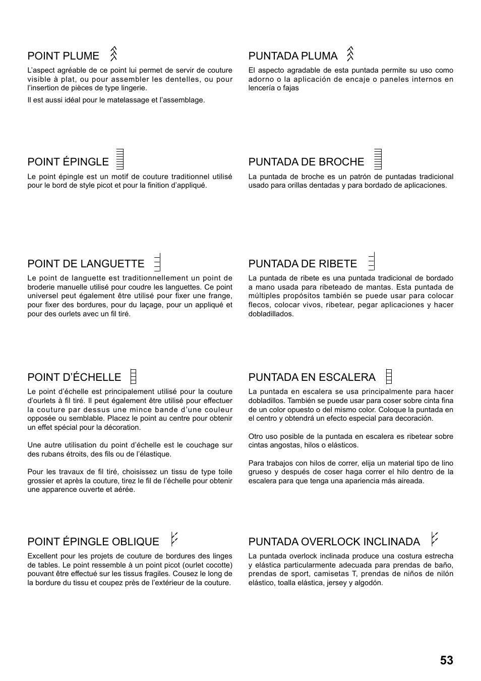 Point plume, Puntada pluma, Point épingle | Puntada de broche, Point d’échelle, Puntada en escalera, Point de languette, Puntada de ribete, Point épingle oblique, Puntada overlock inclinada | SINGER 1 ONE Plus Instruction Manual User Manual | Page 55 / 72