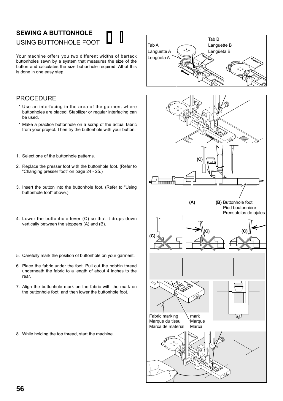 Sewing a buttonhole using buttonhole foot, Procedure | SINGER 1 ONE Plus Instruction Manual User Manual | Page 58 / 72