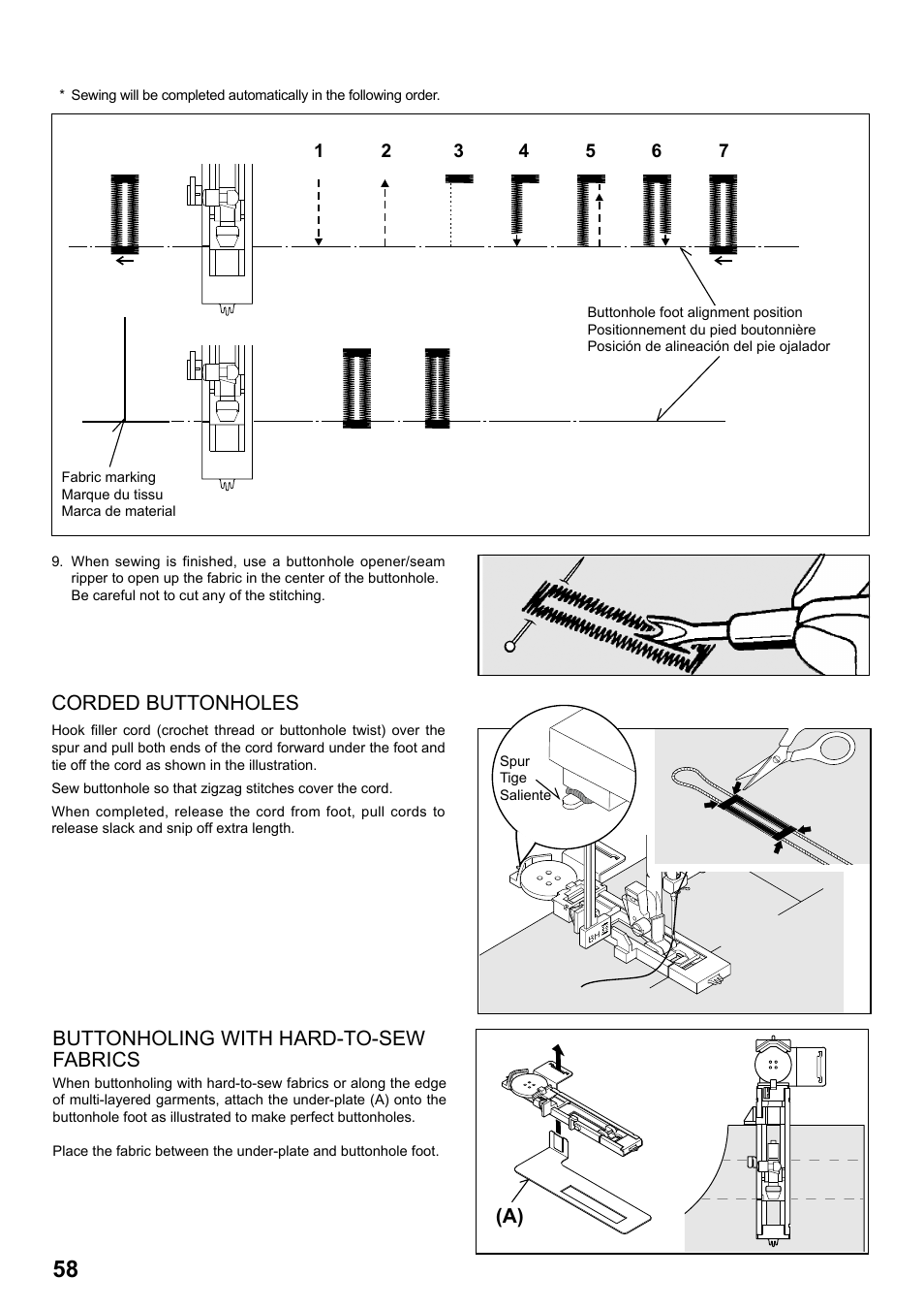 Corded buttonholes, Buttonholing with hard-to-sew fabrics | SINGER 1 ONE Plus Instruction Manual User Manual | Page 60 / 72