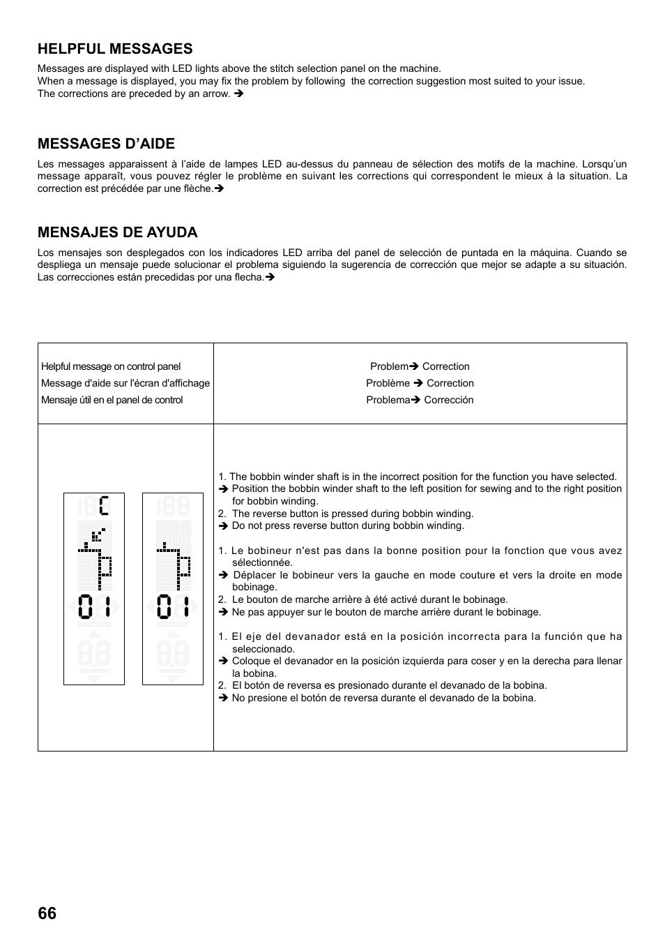 Helpful messages, Messages d’aide, Mensajes de ayuda | SINGER 1 ONE Plus Instruction Manual User Manual | Page 68 / 72