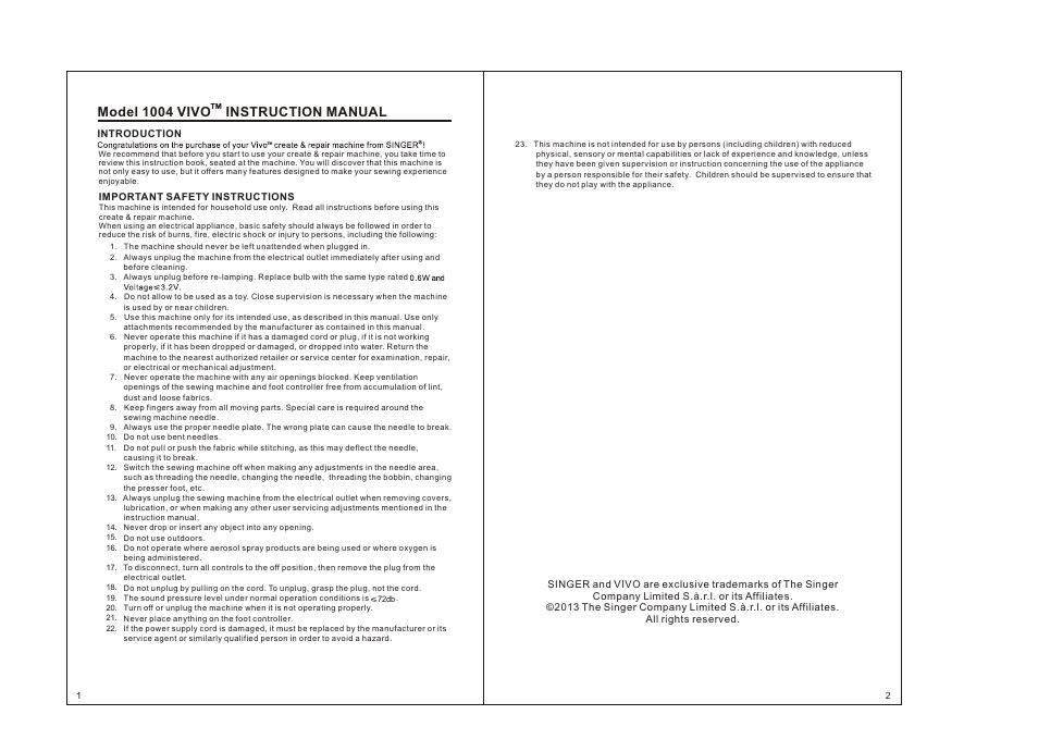 Model 1004 vivo instruction manual | SINGER 1004 VIVO User Manual | Page 2 / 14