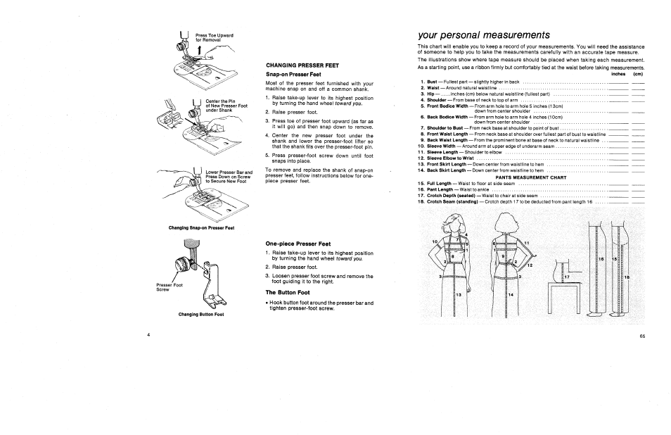 Changing presser feet, Snap-on presser feet, One-piece presser feet | The button foot | SINGER 1030 Creative Touch User Manual | Page 10 / 77