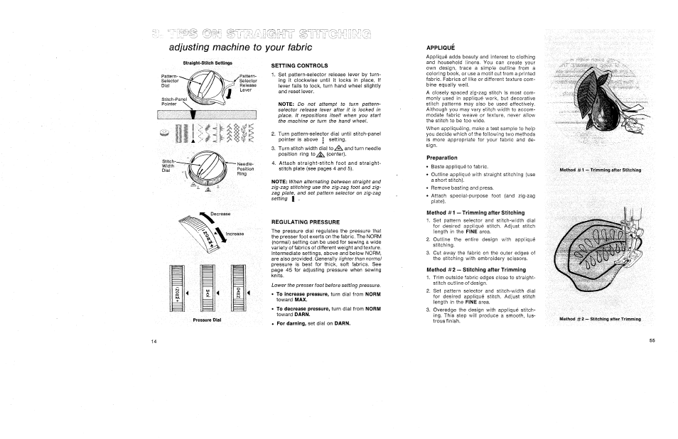 Adjusting machine to your fabric, Setting controls, Regulating pressure | 1 1 1 ri | SINGER 1030 Creative Touch User Manual | Page 20 / 77