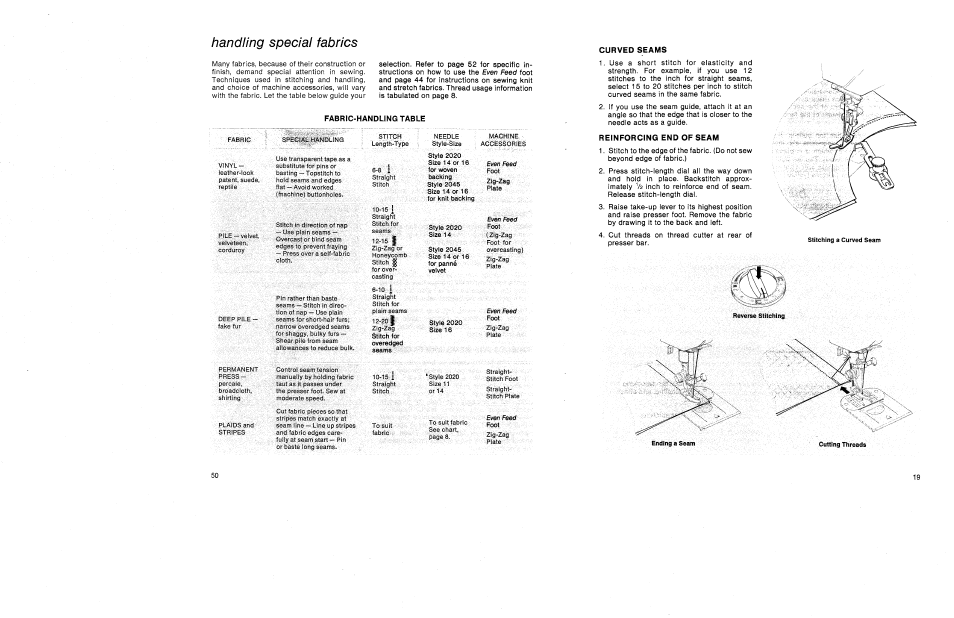 Curved seams, Reinforctng end of seam | SINGER 1030 Creative Touch User Manual | Page 25 / 77