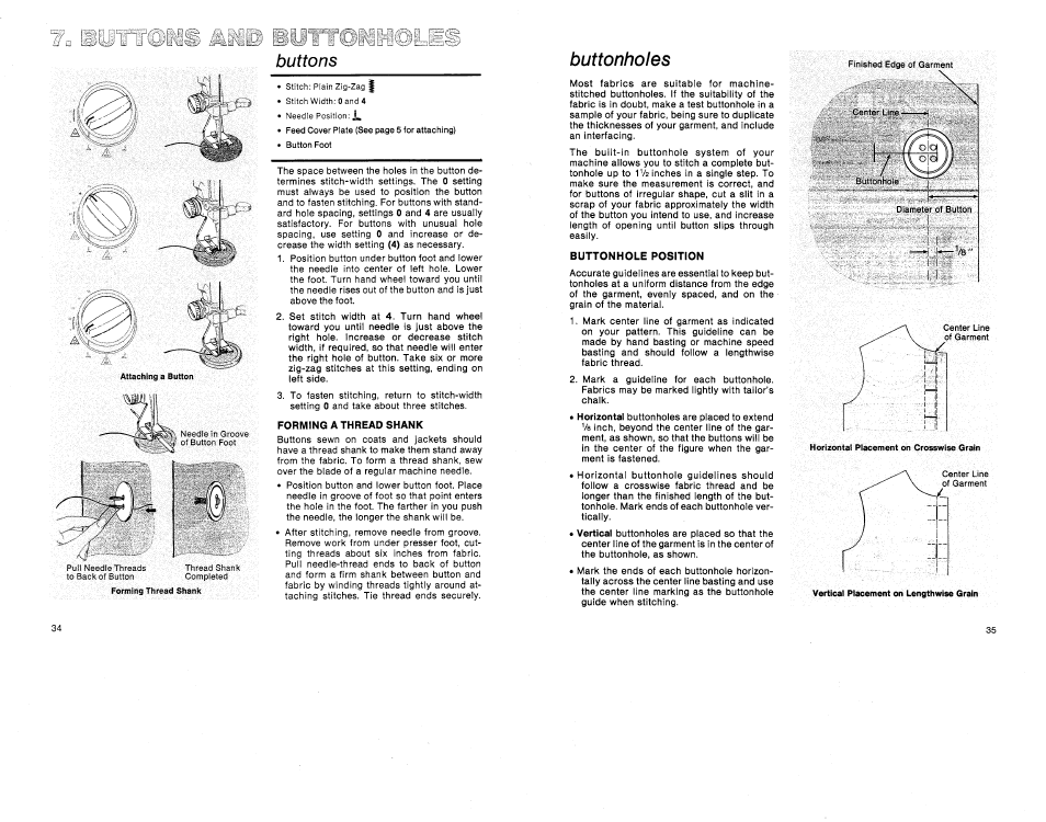 Buttonhole position, Buttonholes | SINGER 1030 Creative Touch User Manual | Page 41 / 77