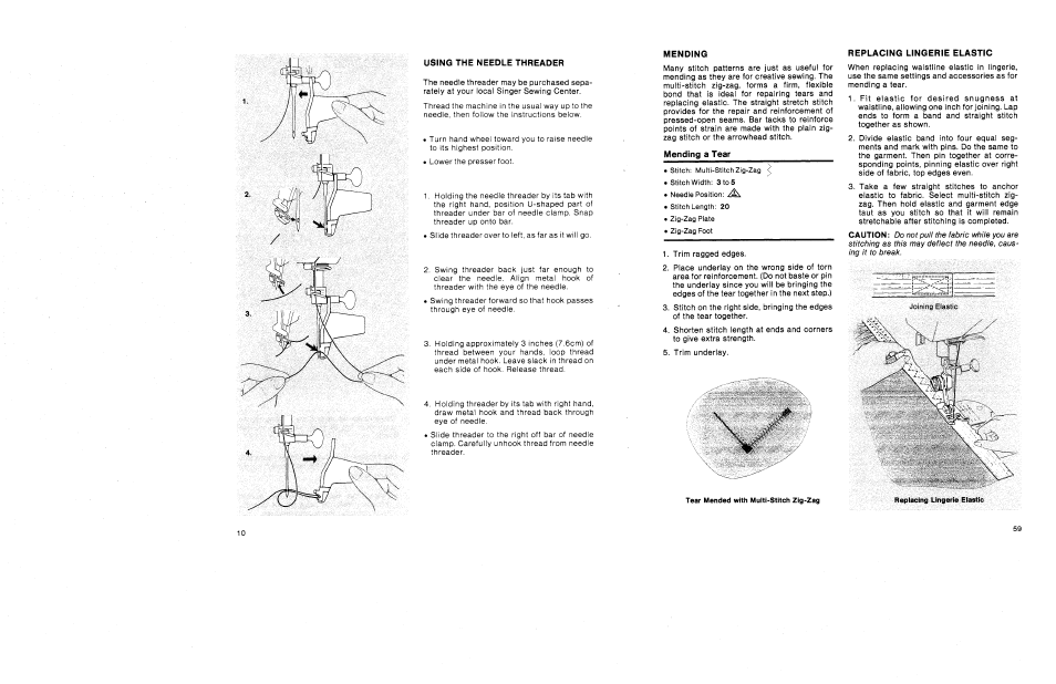 Replacing lingerie elastic, Mending a tear | SINGER 1030 Creative Touch User Manual | Page 65 / 77
