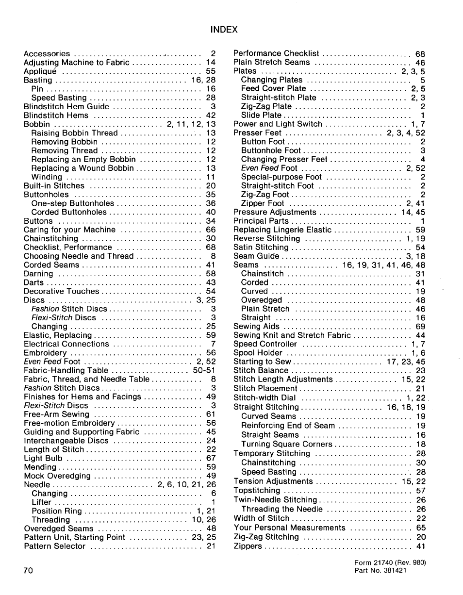 Index | SINGER 1030 Creative Touch User Manual | Page 76 / 77