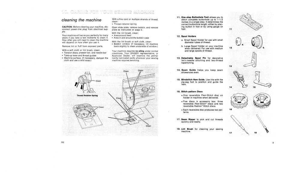 Spool holders, Stitch-pattern discs | SINGER 1030 Creative Touch User Manual | Page 9 / 77