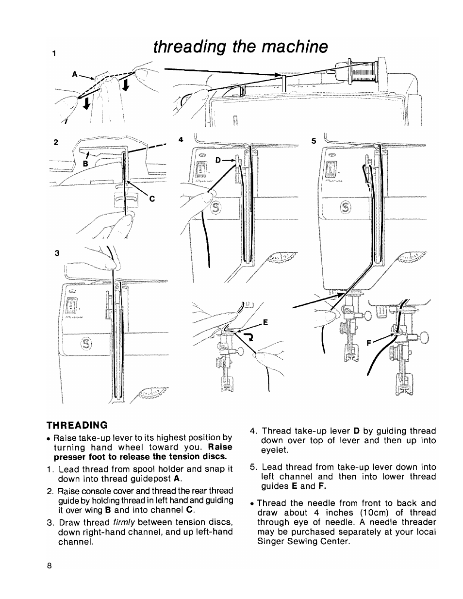 Threading, Threading the machine | SINGER 1036 Creative Touch User Manual | Page 13 / 66