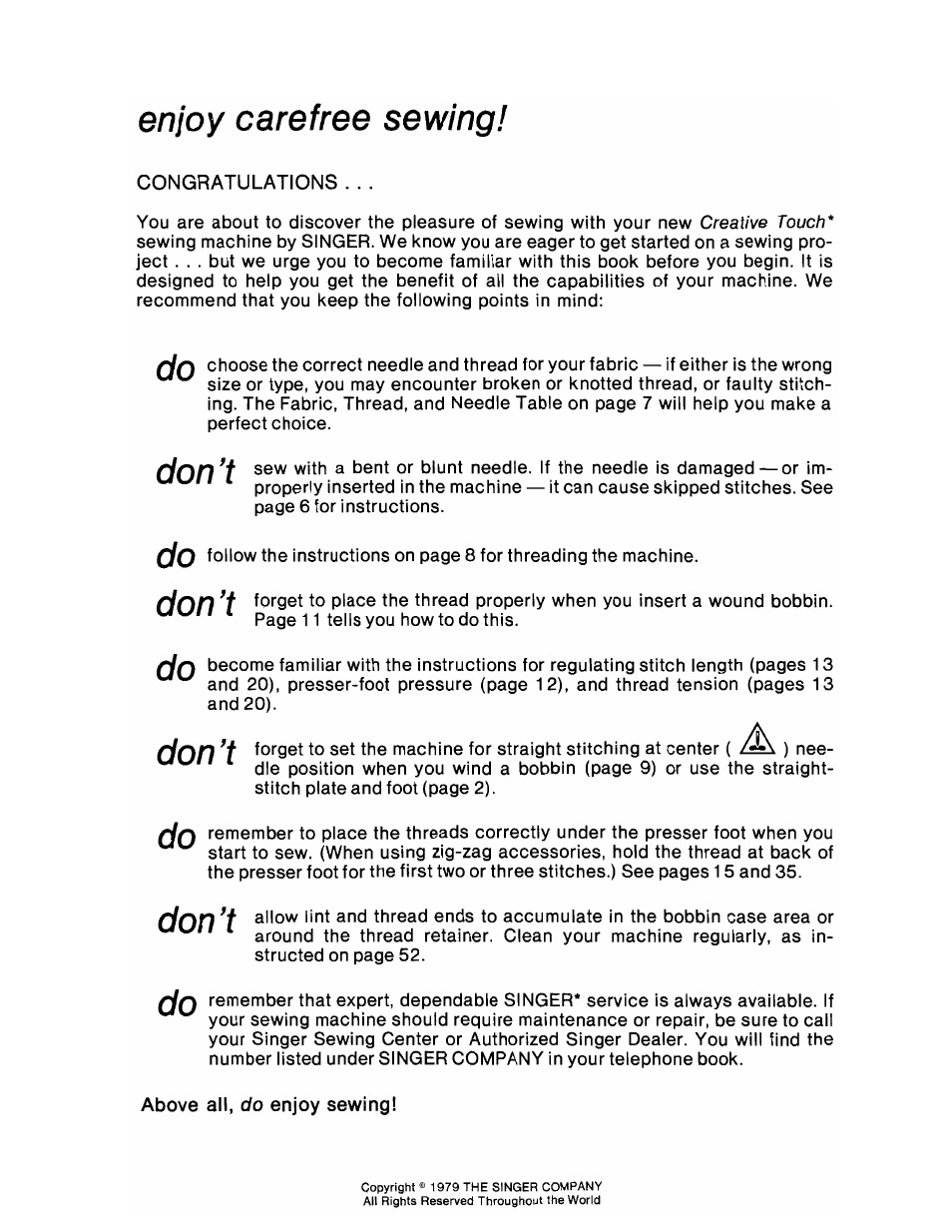 Enjoy carefree sewing | SINGER 1036 Creative Touch User Manual | Page 2 / 66