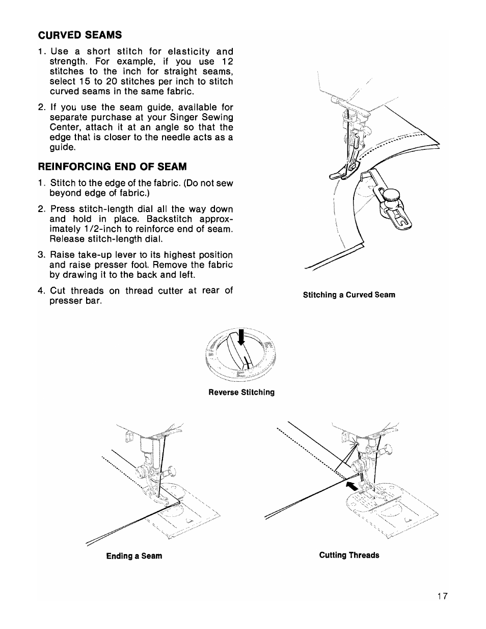 Curved seams, Reinforcing end of seam | SINGER 1036 Creative Touch User Manual | Page 22 / 66