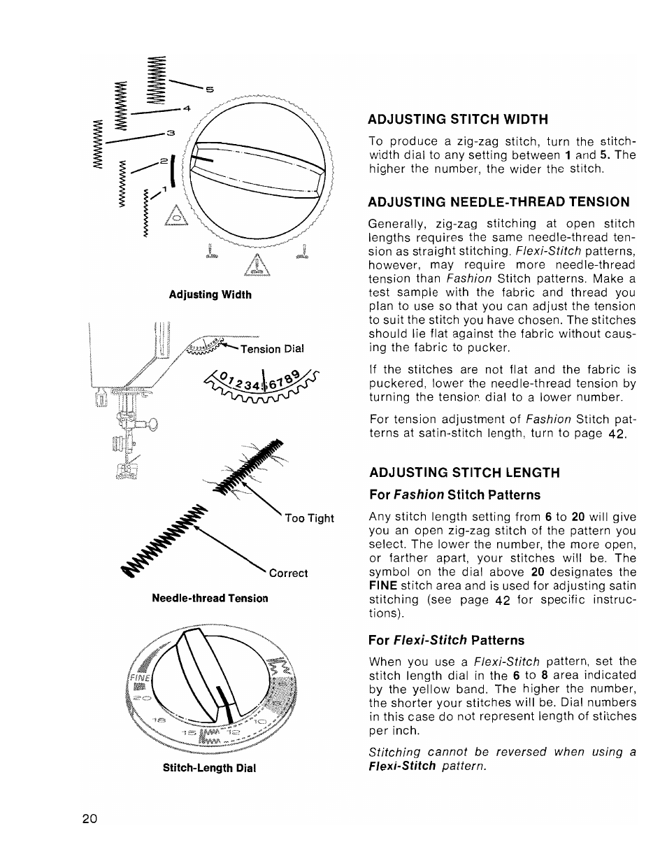 Adjusting stitch width, Adjusting needle-thread tension, Adjusting stitch length | For fashion stitch patterns, For flexi-stitch patterns | SINGER 1036 Creative Touch User Manual | Page 25 / 66