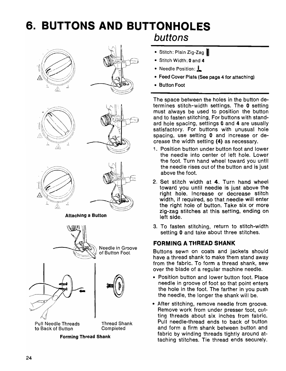Buttons and buttonholes, Buttons, Forming a thread shank | SINGER 1036 Creative Touch User Manual | Page 29 / 66