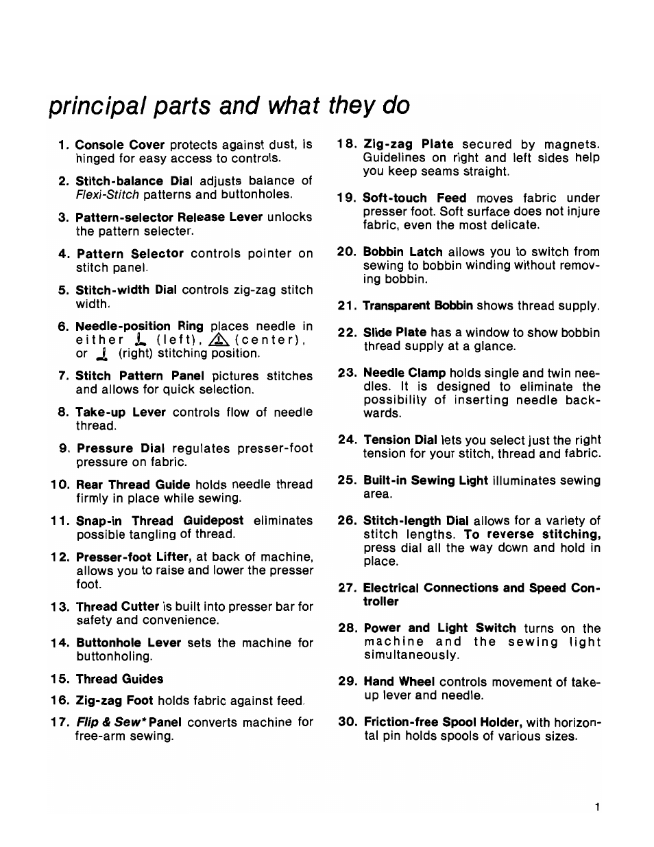 Thread guides, Electrical connections and speed controller, Principal parts and what they do | SINGER 1036 Creative Touch User Manual | Page 6 / 66