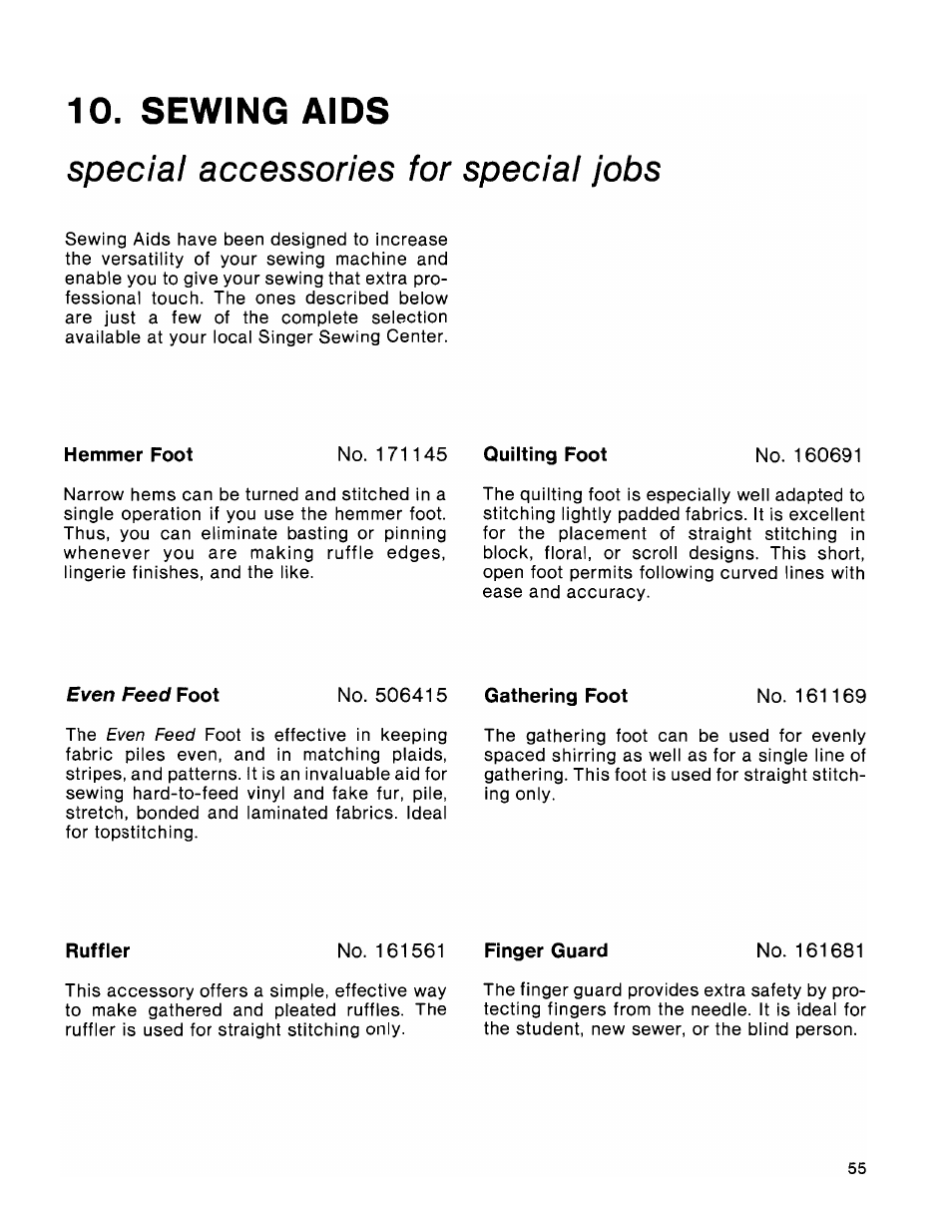 Sewing aids, Special accessories for special jobs | SINGER 1036 Creative Touch User Manual | Page 60 / 66