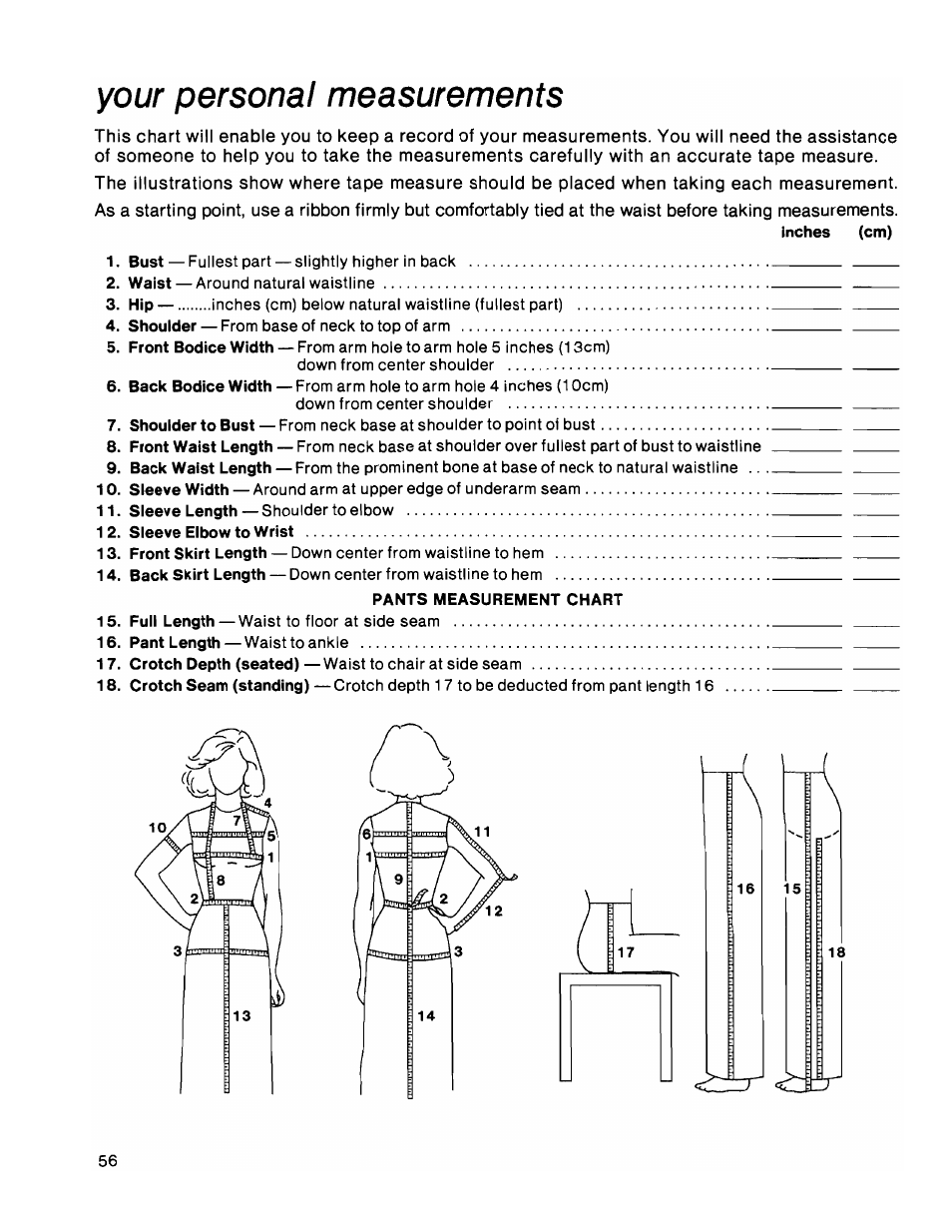 Your personal measurements | SINGER 1036 Creative Touch User Manual | Page 61 / 66