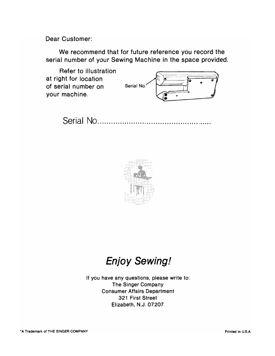 Enjoy sewing, Serial no | SINGER 1036 Creative Touch User Manual | Page 65 / 66