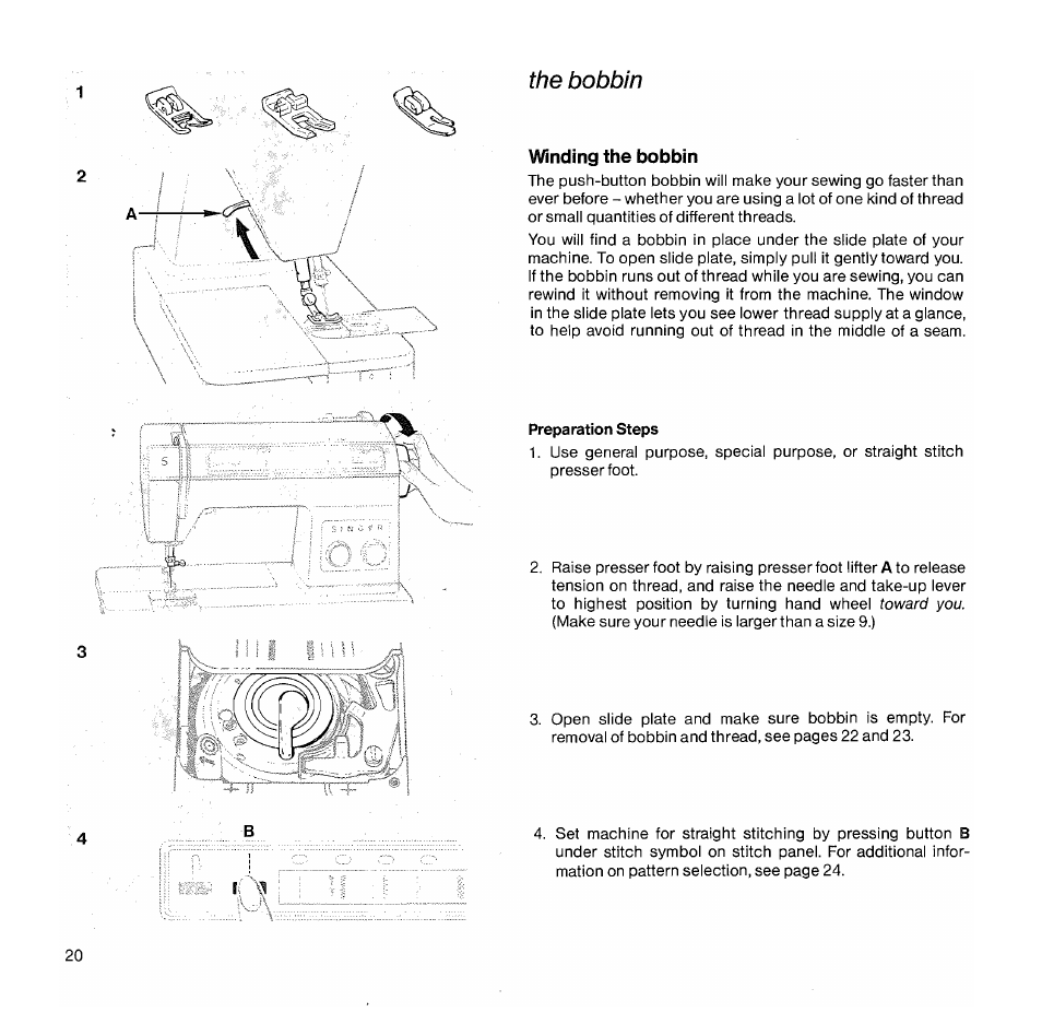 The bobbin, Winding the bobbin, Preparation steps | SINGER 1050 User Manual | Page 21 / 85