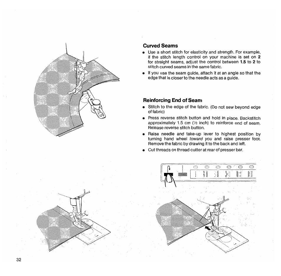 Curved seams, Reinforcing end of seam, Reinforcing end of seams | SINGER 1050 User Manual | Page 33 / 85