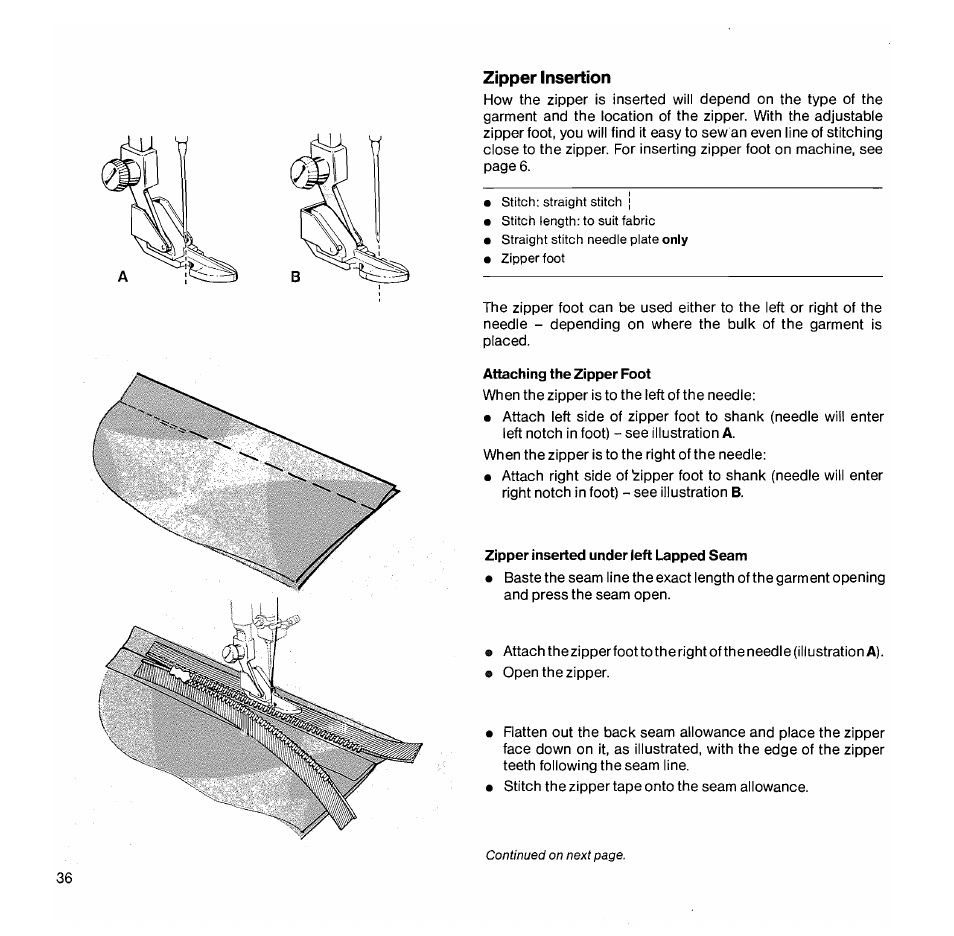 Zipper insertion, Continued on next page | SINGER 1050 User Manual | Page 37 / 85