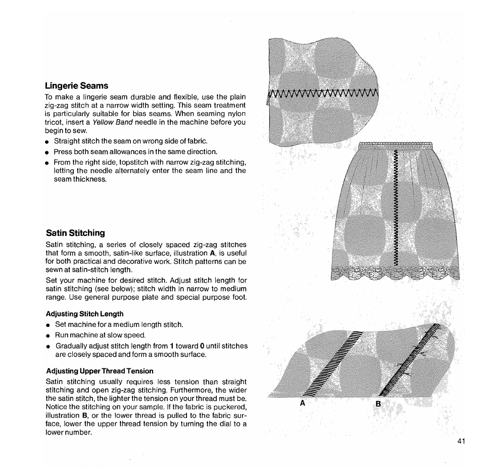 Lingerìe seams, Satin stitching, Adjusting stitch length | Adjusting upper thread tension, Adjusting lower thread tension | SINGER 1050 User Manual | Page 42 / 85