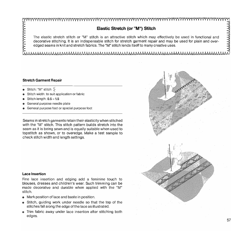 Stretch garment repair, Elastic stretch (or ”m”) stitch | SINGER 1050 User Manual | Page 58 / 85
