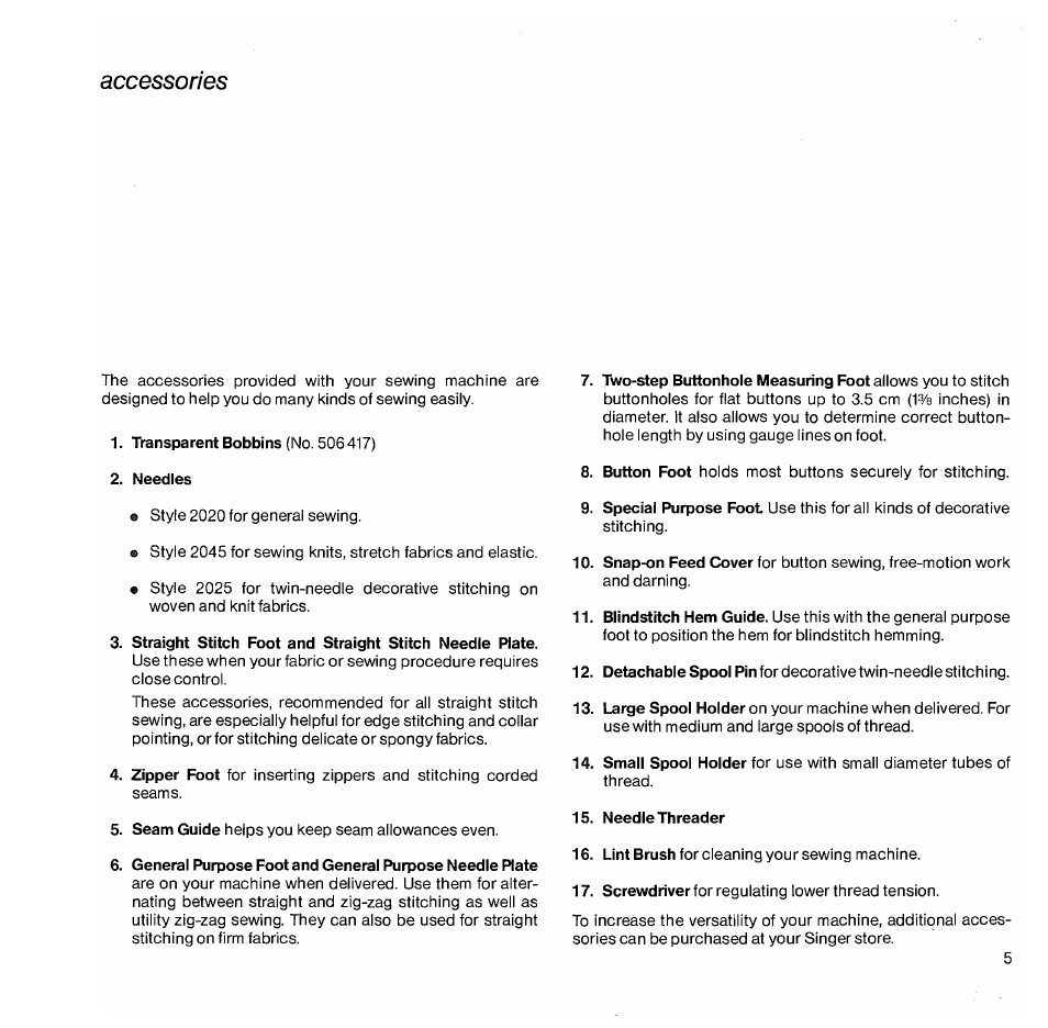 Accessories | SINGER 1050 User Manual | Page 6 / 85