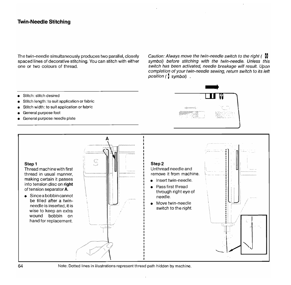 Twjn-needle stitching, Step 1, Step 2 | Twin-needle stitching | SINGER 1050 User Manual | Page 65 / 85